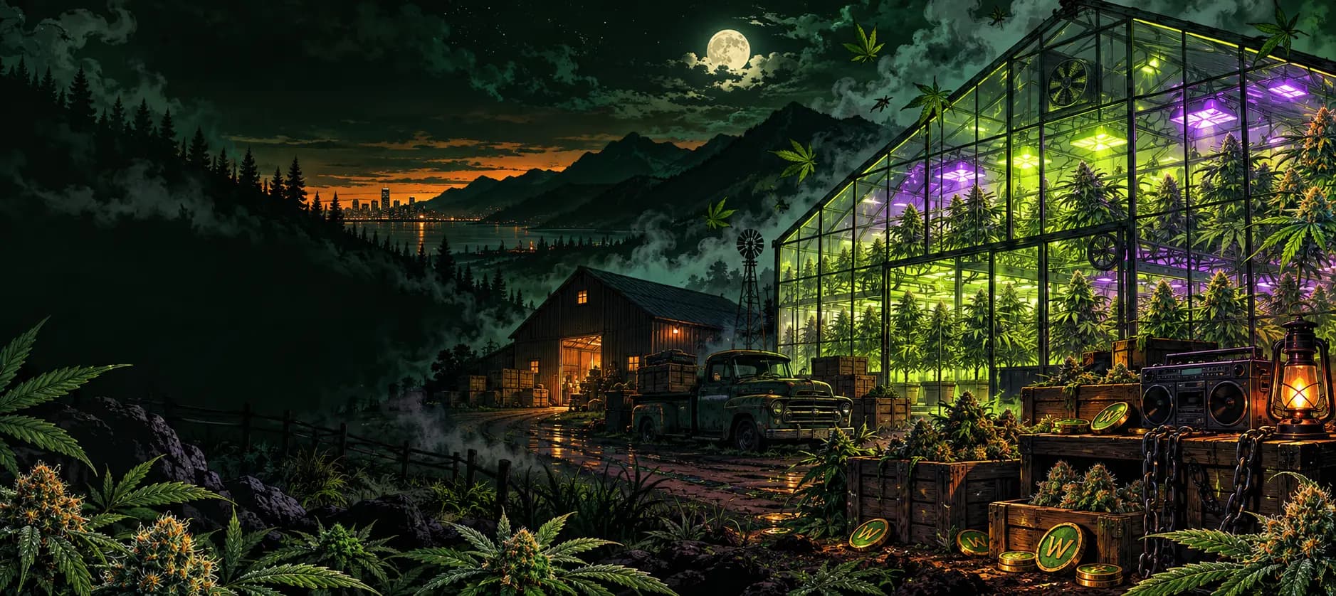 A cannabis greenhouse glowing lime and violet at night